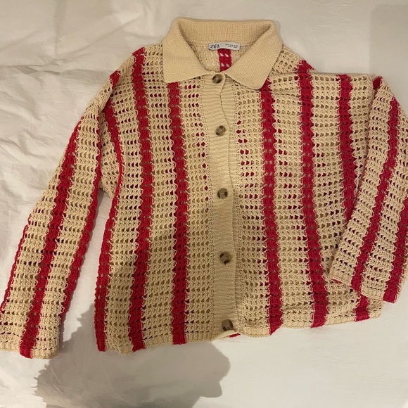 Zara Red and Cream Open Knit Collared Cardigan - Picture 3 of 3